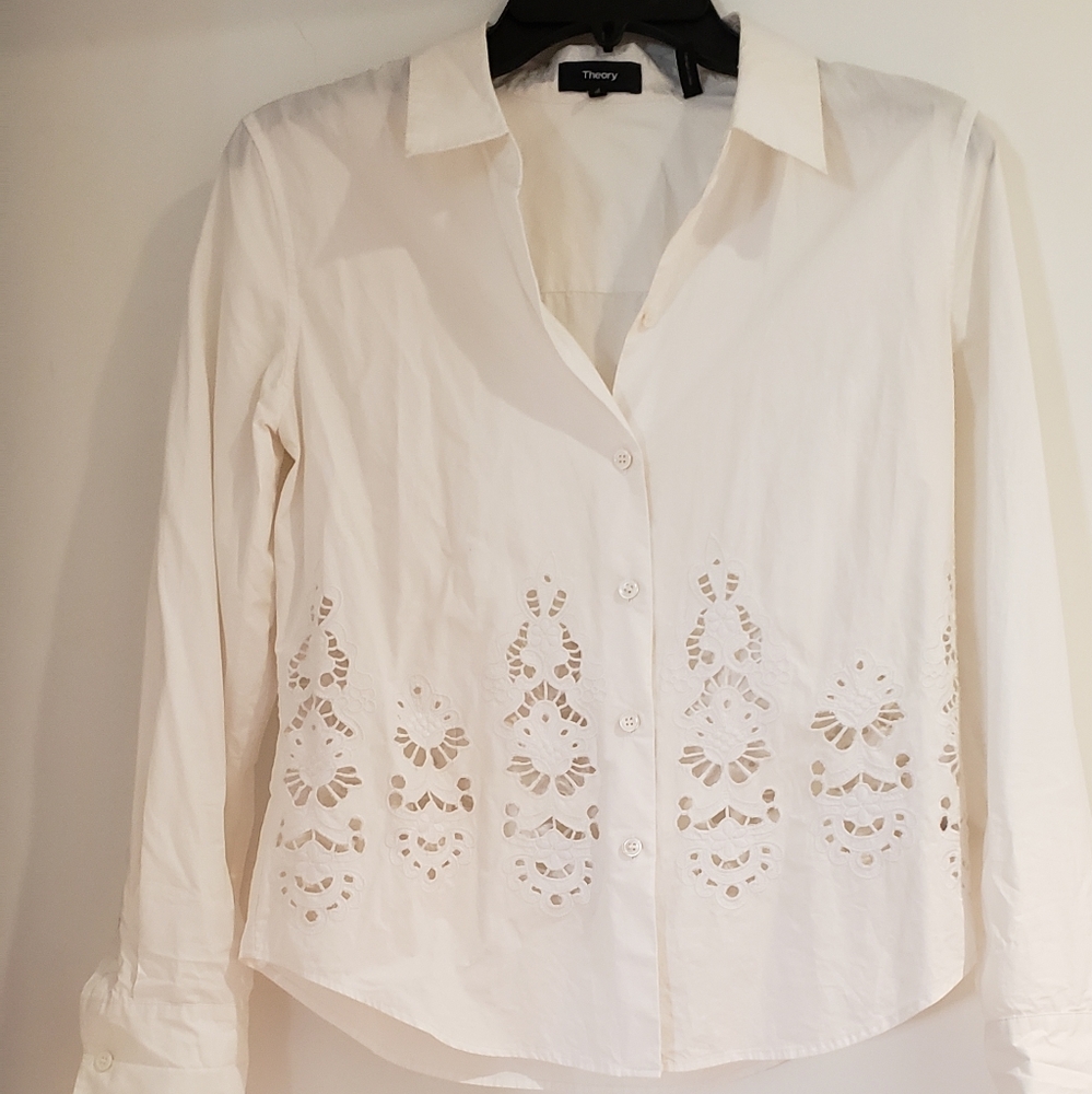Theory white cotton eyelet blouse